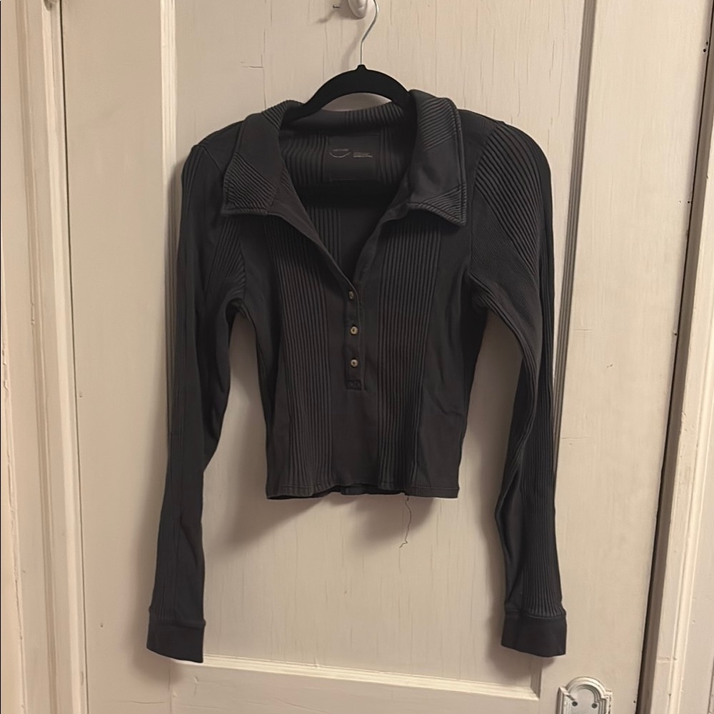 Aerie Dark Gray Long Sleeve Crop Polo Shirt